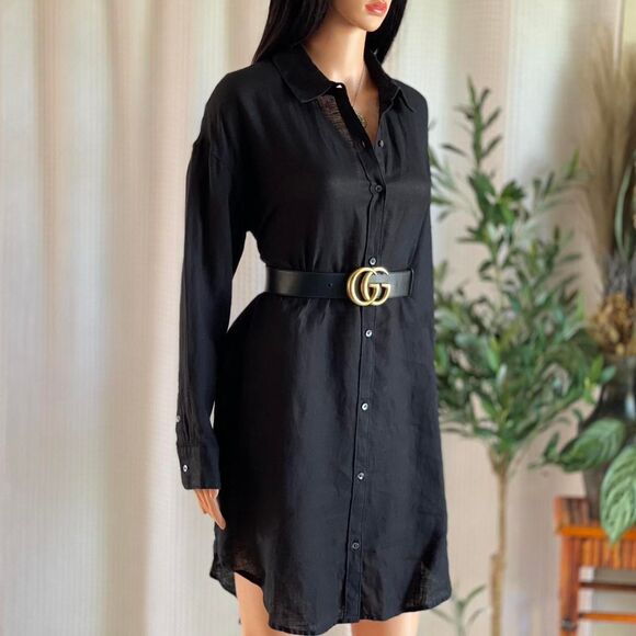 James Perse 100% Linen‎ Black Shirt Dress Button Up Minimalist Resortwear Size 2 - Picture 1 of 8